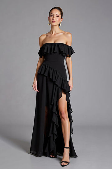 Black Off the Shoulder Ruffled Chiffon Long Formal Dress with Slit